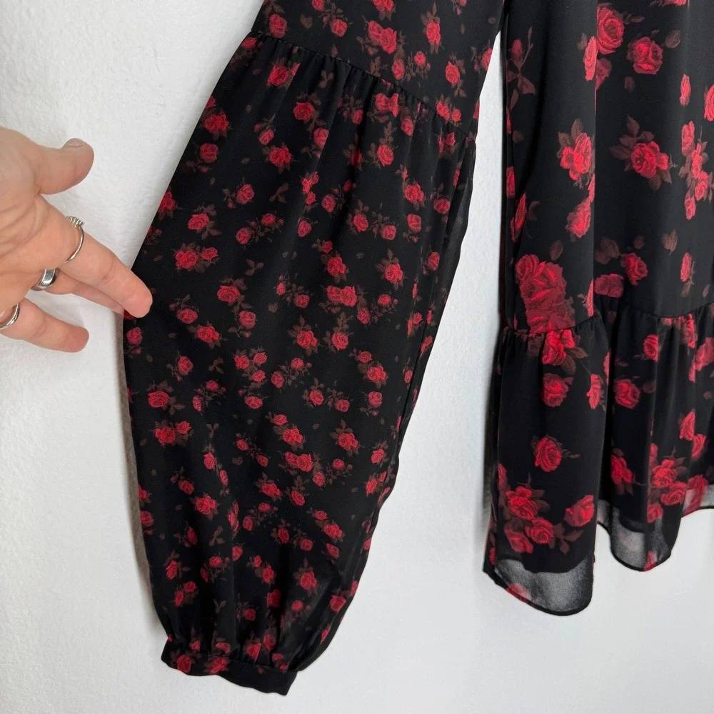 MICHAEL KORS Peplum Top Size Small Bishop Sleeve‎ Dark Floral Romantic Sheer